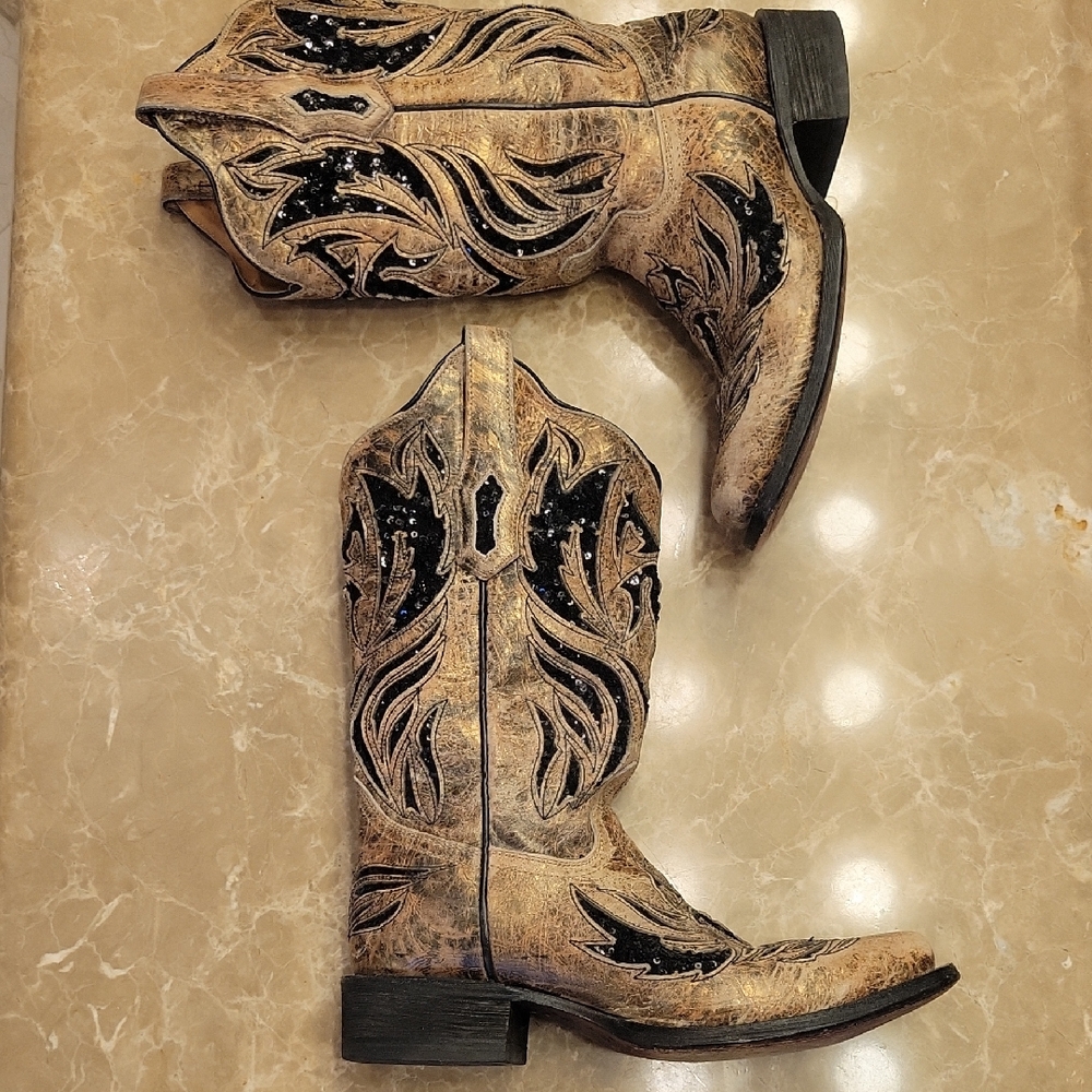 Corral Women's Western Cowboy Boots Black and Tan Leather, 7.5 - Picture 3 of 16